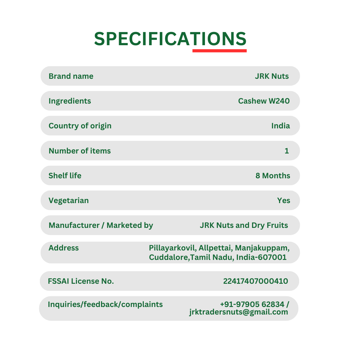 Specifications of Cashew W240